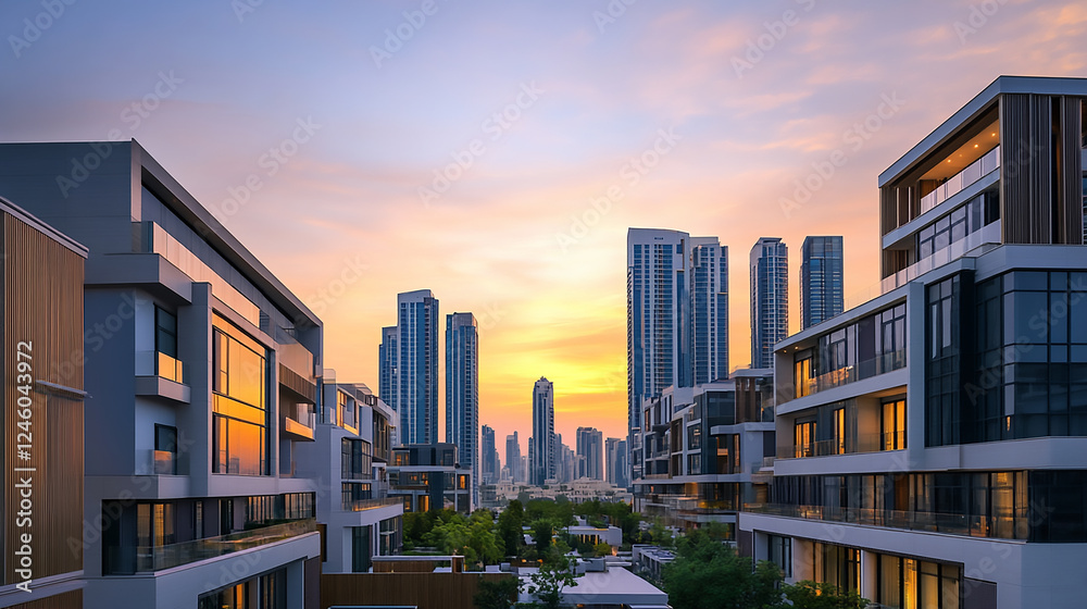 Fototapeta premium Modern Apartments at Sunset Sunset cityscape view between skyscrapers 