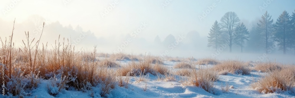 Snowfall on dry grass in a frosty morning landscape, foggy, landscape, serene Snowfall on dry grass in a frosty morning landscape, foggy, landscape, serene