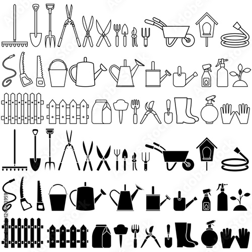 Garden tools vector set. Vegetable garden illustration sign collection. Farm symbol or logo.