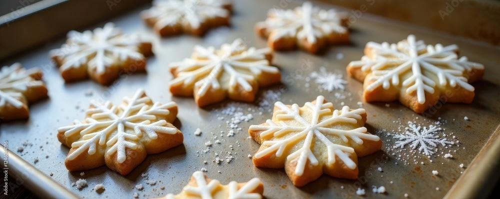 Snowflake-patterned cookies on a baking sheet, snowflakes, baked goods Snowflake-patterned cookies on a baking sheet, snowflakes, baked goods