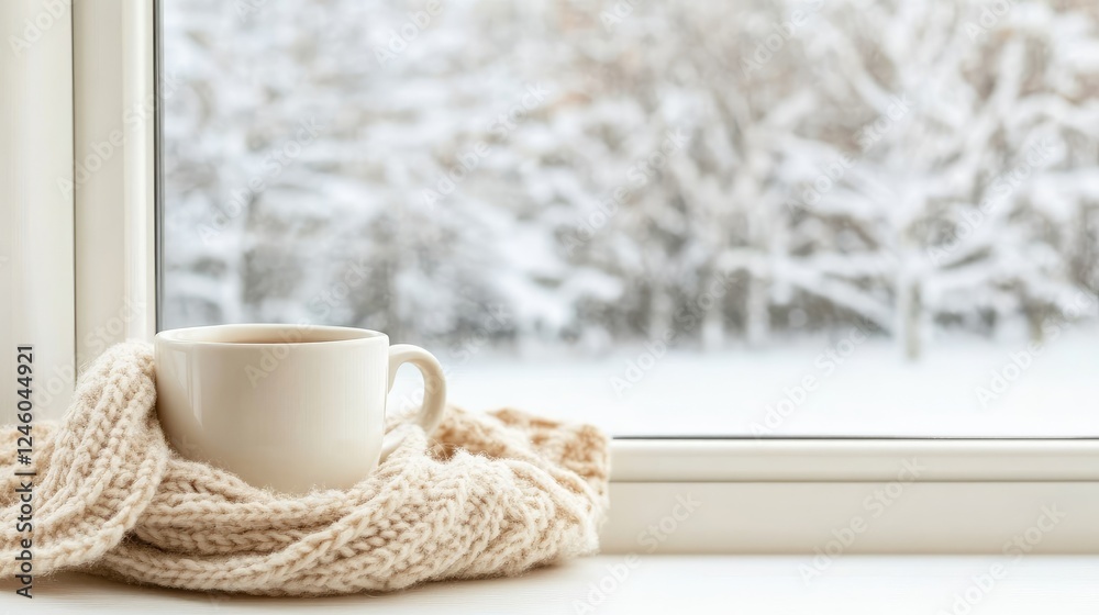 A cup of hot coffee sits on a soft, knitted blanket near a window, showcasing a snowy landscape outside during winter A cup of hot coffee sits on a soft, knitted blanket near a window, showcasing a snowy landscape outside during winter
