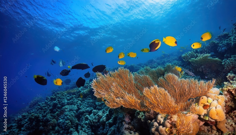 Naklejka premium Vibrant Tropical Fish Swim Amongst Colourful Coral Reefs in the Depths of the Underwater Wildlife, Showcasing a Breathtaking Scene of Aquatic Beauty and Diversity.