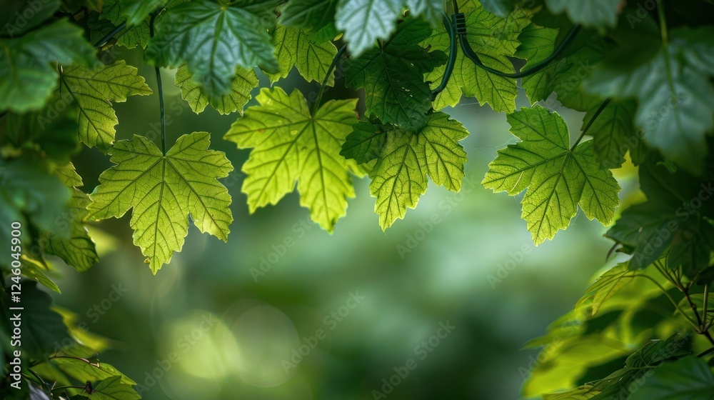 Lush green leaves framing a serene blurred background, evoking tranquility in nature's embrace Lush green leaves framing a serene blurred background, evoking tranquility in nature's embrace