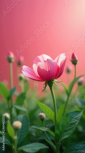 A Delicate Pink Flower in Soft Sunlight, Surrounded by Lush Green Foliage and Budding Blooms, Creates a Serene and Peaceful Garden Scene