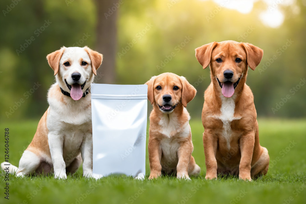 Three Happy Puppies Looking at White Food Bag on Grass Three Happy Puppies Looking at White Food Bag on Grass