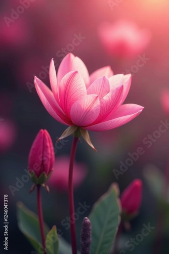 A delicate pink flower blossoms in the soft light of dawn, surrounded by others in various stages of bloom, showcasing the beauty of nature's gentle awakening