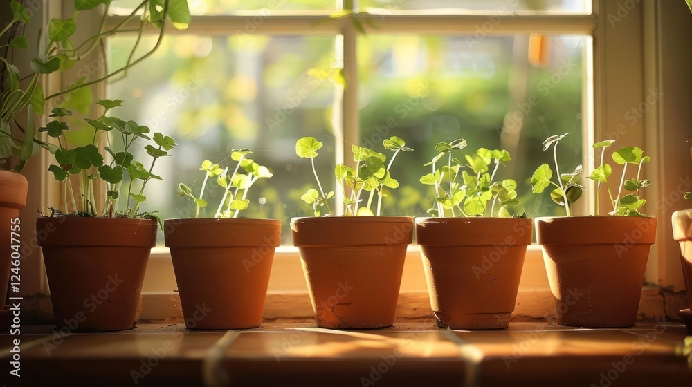 Sunlit window with potted plants showcasing vibrant growth and greenery in a cozy interior Sunlit window with potted plants showcasing vibrant growth and greenery in a cozy interior