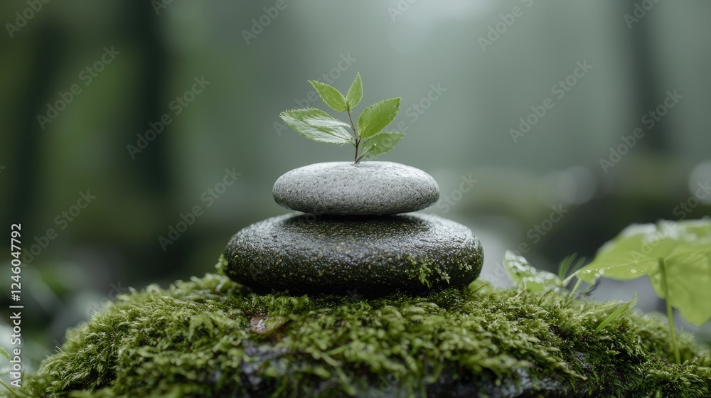 Sprout growing on balanced stones in misty forest Sprout growing on balanced stones in misty forest