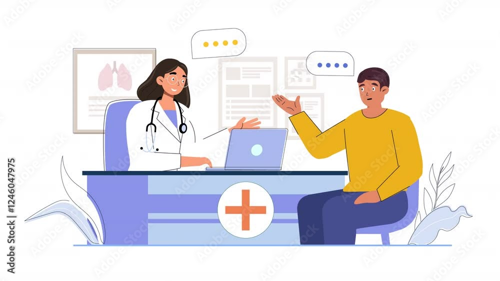 Represent a doctor consultation in vector animation. Characters interact in a healthcare setting, whether in-person or via telemedicine, captured in a clean, scalable design. Represent a doctor consultation in vector animation. Characters interact in a healthcare setting, whether in-person or via telemedicine, captured in a clean, scalable design.