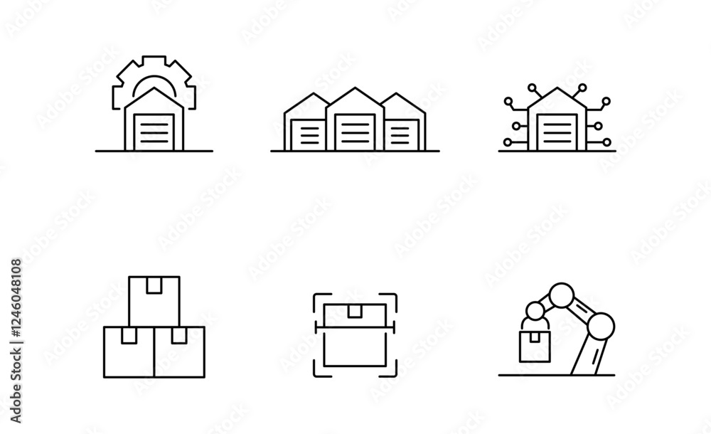 Fototapeta premium Set of Logistics warehouse or Smart warehouse icon, Products, Parcels Symbol Outline icon, Editable Stroke