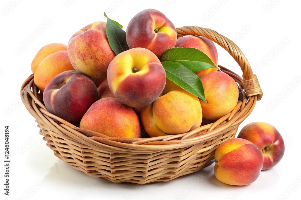 Fresh peaches arranged in a wicker basket on a white background Fresh peaches arranged in a wicker basket on a white background