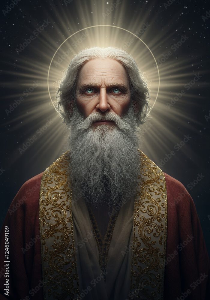 A radiant divine figure in human form, clad in a flowing robe with golden embroidery, exuding wisdom and serenity amidst a celestial glow. A radiant divine figure in human form, clad in a flowing robe with golden embroidery, exuding wisdom and serenity amidst a celestial glow.
