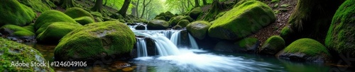 Water cascades over moss covered rocks in a secluded valley, nature, isolated, scenery