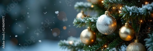 Snowflakes gently fall on a Christmas tree adorned with white and gold ornaments, cozy, winter