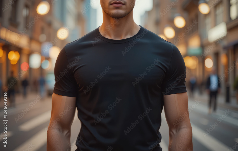 Fototapeta premium Young Male Model Wearing Black T-Shirt, Casual Shirt Mockup Template for Design.