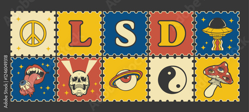 set of lsd stamps, retro poster retro print on t-shirt in 70s style