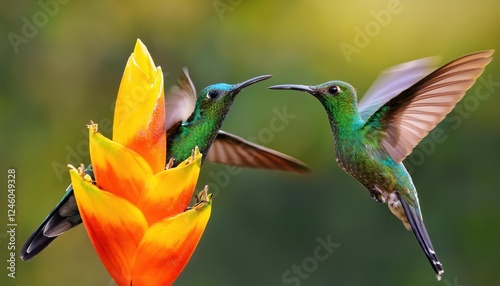 Vibrant TwoBird Duo Perched on Luscious Orange Blossom, Basking in a serene Outdoor Scene Perfect for Digital Art, Home Decor, or Nature Inspiration. photo