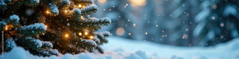 snowflakes gently fall on a serene Christmas tree, holiday atmosphere, snow covered ground snowflakes gently fall on a serene Christmas tree, holiday atmosphere, snow covered ground