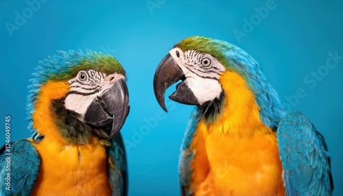 Vivid TwoToned Macaw, Ara ararauna, in Intimate SelfGrooming Moment, Caught at Dusk on January, photo