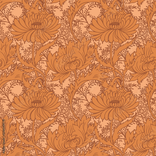 seamless pattern with Victorian flowers in the style of William Morris, Mocha Mousse color