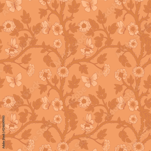 seamless pattern with Victorian flowers in the style of William Morris, Mocha Mousse color