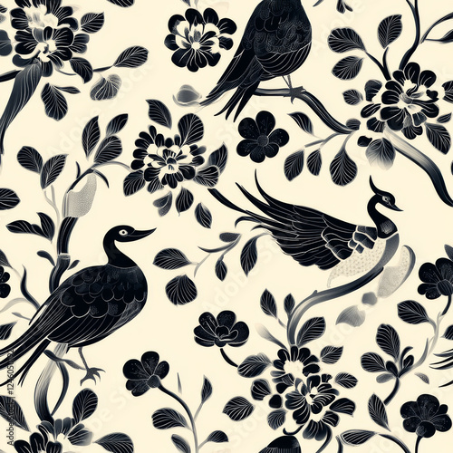 Elegant birds and flowers in seamless pattern photo