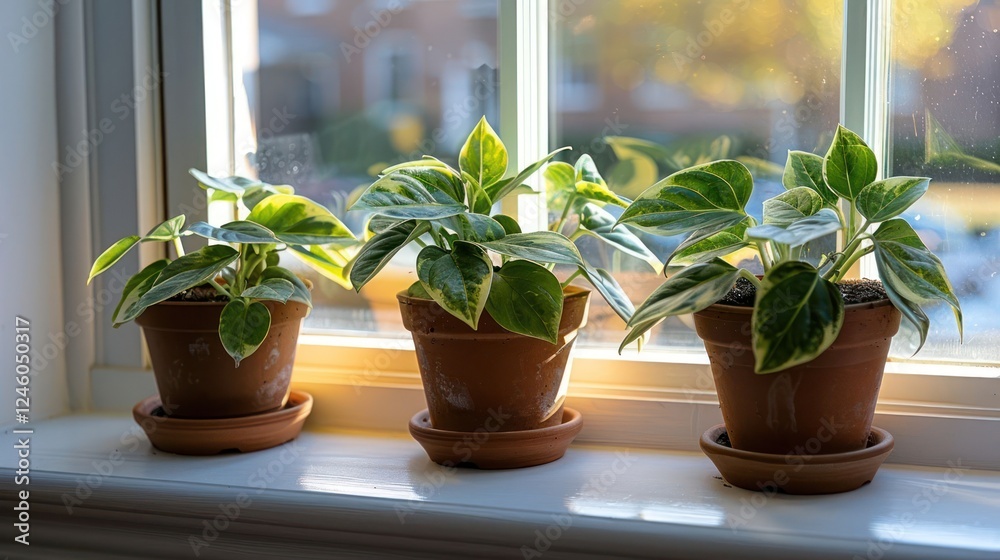 Three vibrant potted plants on a windowsill, basking in sunlight with a blurred outdoor background Three vibrant potted plants on a windowsill, basking in sunlight with a blurred outdoor background
