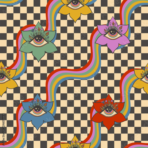 psychedelic seamless pattern flowers with eyes, checkered