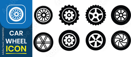 Set of car wheel icon. Car wheel silhouettes collection. Car tire tread tracks, motorcycle racing wheels and dirty disks tires track, auto tire. Vector illustration.