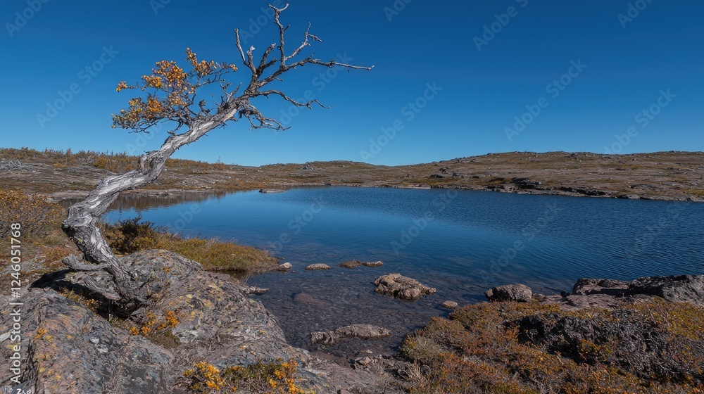 Twisted tree by serene mountain lake under clear sky Twisted tree by serene mountain lake under clear sky