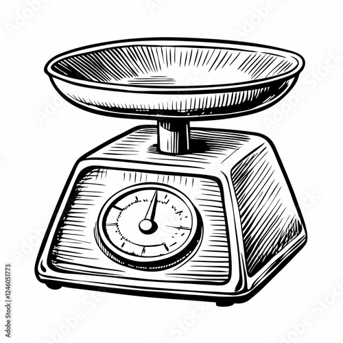 Vintage Kitchen Scale Illustration in Black and White Retro Style Sketch for Culinary Design