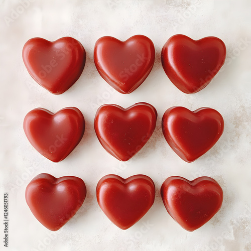 A knolling flatlay photo of a red heart-shaped chocolates, neatly arranged in a square.
