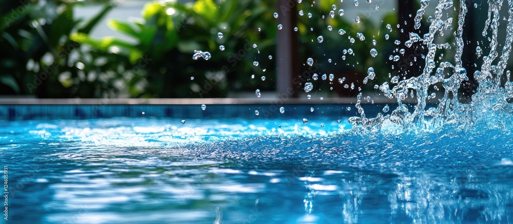 Water splash in vibrant blue pool with tranquil tones, sparkling droplets against serene background of lush green foliage, creating refreshing ambiance Water splash in vibrant blue pool with tranquil tones, sparkling droplets against serene background of lush green foliage, creating refreshing ambiance