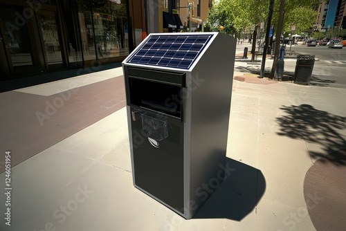 Solar energy waste compactor on busy street, compressing trash to reduce frequency of collections and increase bin capacity.
