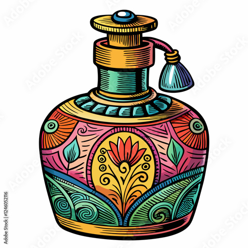 Colorful Vintage Perfume Bottle with Ornate Design and Intricate Patterns