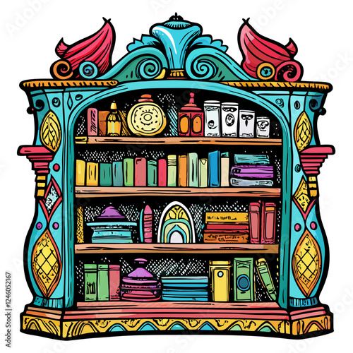 Ornate Vintage Bookshelf Illustration with Colorful Art Deco Details