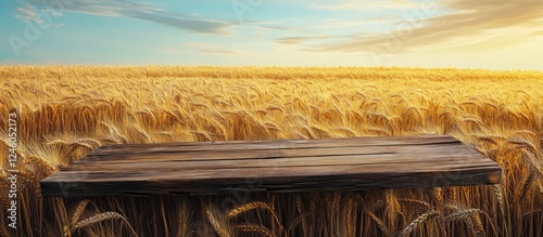 Rustic wooden board positioned centrally against a vibrant golden wheat field under a soft sunset sky highlighting nature's tranquility. photo