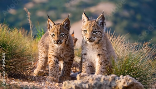 Vibrant Playtime of Two Iberian Lynx Cubs Frolicking Freely in Their Spanish Habitat, Showcasing a Beautiful Bond Amidst the Sunlit Scrubland.