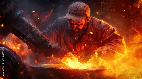 A foreman at a steel manufacturing plant, inspecting molten metal being poured into molds under glowing orange light