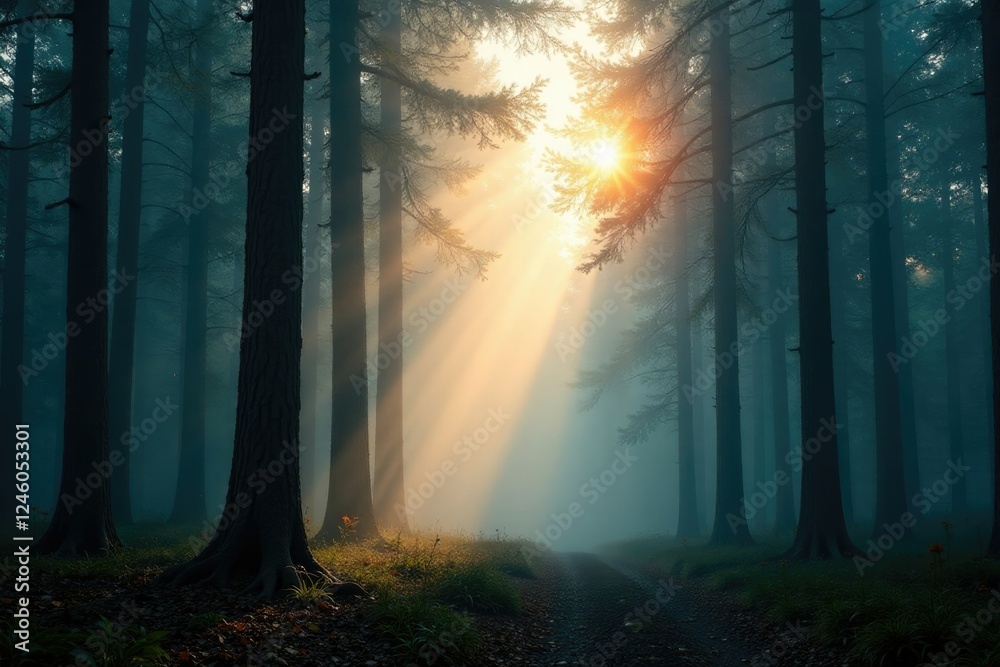 Naklejka premium Towering trees amidst foggy morning in the forest, foggy, morning