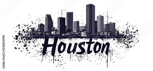 Houston skyline depicted in artistic style with urban elements and dramatic ink splashes rendered in black photo