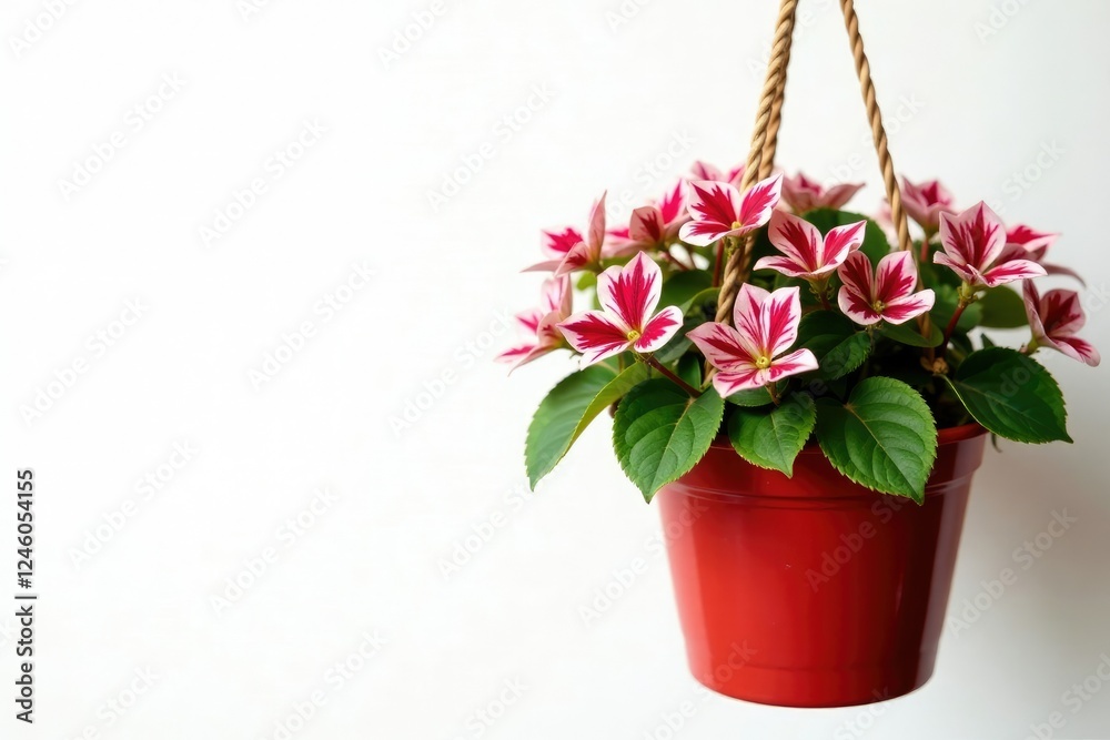 Fototapeta premium Trachelospermum asiaticum in a hanging basket on red brick, pink, variegated