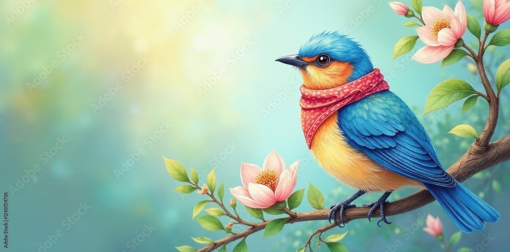 Obraz premium A Vibrant Blue Bird Adorned with a Red Polka Dot Bandana Perched on a Blooming Branch in a Serene Garden Setting