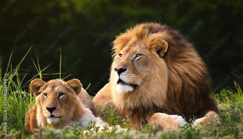 Fototapeta premium Regal African Lions Basking in Serengeti Sunset Alert and Poised under Golden Grasslands, Capturing the Essence of Pride and Natural Majesty