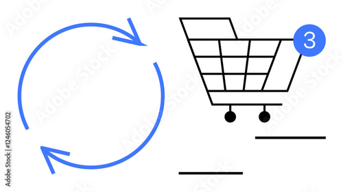 Shopping cart icon with three items and blue circular arrows metaphorizing continuous shopping process. Ideal for e-commerce, retail, marketing, advertisements, business strategy, customer journey
