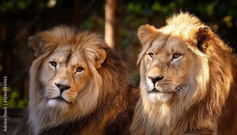 Majestic Lions in Harmony Two Regal Felines Basking Side by Side in a Serene Zoo or Wildlife Setting at Dusk Majestic Lions in Harmony Two Regal Felines Basking Side by Side in a Serene Zoo or Wildlife Setting at Dusk
