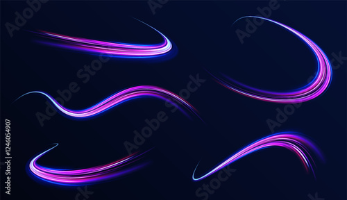 Creative vector illustration of flying cosmic meteor, planetoid, comet, fireball isolated on transparent background. Effect, png, wave,neon,line. Light arc in neon colors, in the form of a turn.