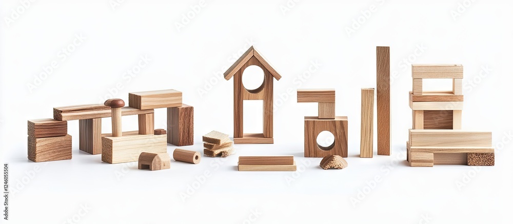 Wooden building blocks arranged on a clean white background showcasing various shapes and textures highlighting the versatility of natural materials Wooden building blocks arranged on a clean white background showcasing various shapes and textures highlighting the versatility of natural materials