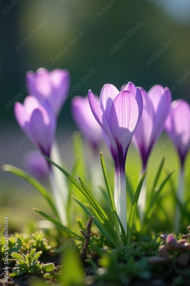Pastel purple crocus flowers swaying in the breeze, landscape, floral Pastel purple crocus flowers swaying in the breeze, landscape, floral