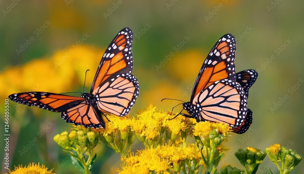 Naklejka premium Vibrant Monarch Butterflies Perched on Butterweed Against the Backdrop of Prairie Ridge State Natural Area at Dusk